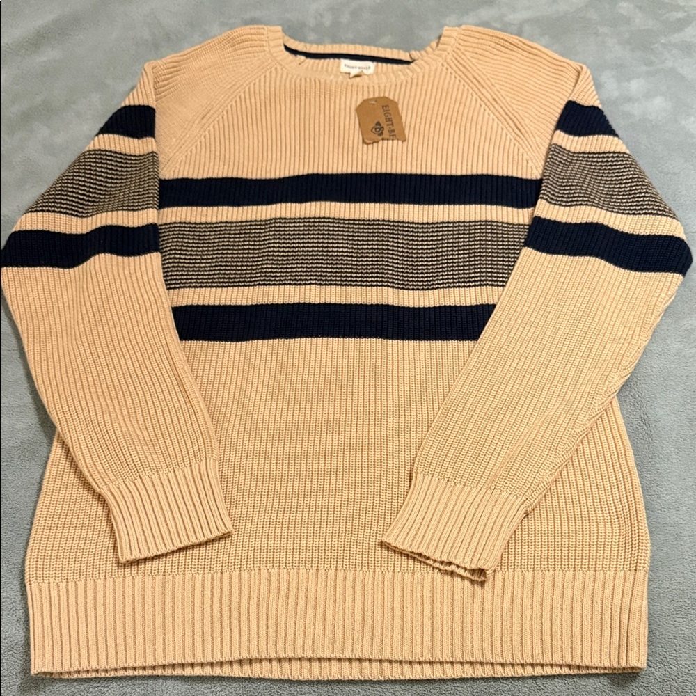 Men's Beige and Navy Striped Crewneck Sweater